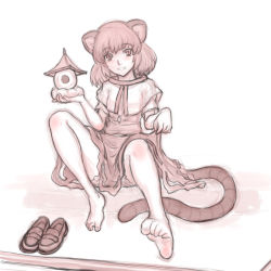 Rule 34 | 1girl, animal ears, barefoot, bishamonten&#039;s pagoda, bloomers, capelet, feet, female focus, full body, grin, highres, jewelry, kuro suto sukii, monochrome, mouse ears, mouse tail, nazrin, necklace, shoes, unworn shoes, short hair, simple background, skirt hold, smile, solo, tail, touhou, underwear, white background