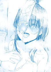 Rule 34 | 1girl, black hair, breasts, censored, collarbone, completely nude, cum, cum in mouth, hairband, half-closed eye, hand on own chest, idolmaster, idolmaster cinderella girls, large breasts, long hair, looking up, nude, onsen, outdoors, penis, penis on face, sagisawa fumika, shino (r shughart)