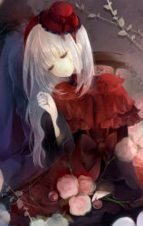 Rule 34 | 10s, 1girl, bad id, bad pixiv id, bow, chair, dress, closed eyes, flower, hat, hat bow, k-project, kushina anna, lolita fashion, long hair, red dress, silver hair, sitting, solo, tukino (panna)