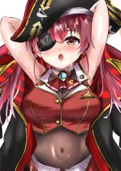 Rule 34 | 1girl, absurdres, armpits, arrow through heart, bare shoulders, bicorne, black coat, blush, bow, bowtie, breasts, brooch, cleavage, coat, covered navel, cropped jacket, eyepatch, hat, highres, hololive, houshou marine, houshou marine (1st costume), jacket, jewelry, lapel pin, large breasts, leotard, long hair, looking at viewer, navel, one eye covered, open mouth, pirate hat, presenting armpit, print eyepatch, red bow, red bowtie, red eyes, red hair, red jacket, see-through, see-through leotard, skirt, sleeveless, sleeveless jacket, solo, sweat, taji (0otjvdaomwqtqbx), twintails, virtual youtuber