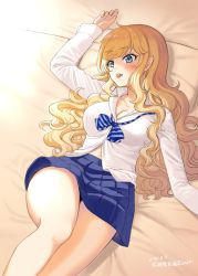 Rule 34 | 1girl, bed sheet, blonde hair, blue bow, blue bowtie, blue eyes, blue skirt, blush, bow, bowtie, breasts, candy, character name, cleavage, collarbone, dated, feet out of frame, food, food in mouth, idolmaster, idolmaster cinderella girls, large breasts, long hair, loose bowtie, lying, midriff peek, ohtsuki yui, on back, on bed, open mouth, pillow, shirt, sin moriyama, skirt, solo, thighs, wavy hair, white shirt