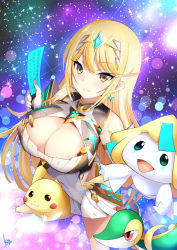 Rule 34 | 1girl, absurdres, bare legs, bare shoulders, blonde hair, breasts, chest jewel, cleavage, cleavage cutout, clothing cutout, commentary request, creatures (company), crossover, daive, dress, earrings, elbow gloves, game freak, gen 1 pokemon, gen 3 pokemon, gen 5 pokemon, gloves, highres, jewelry, jirachi, large breasts, legendary pokemon, long hair, mythical pokemon, mythra (xenoblade), nintendo, pikachu, pokemon, pokemon (creature), short dress, sky, snivy, star (sky), starry sky, swept bangs, tiara, very long hair, white dress, white gloves, xenoblade chronicles (series), xenoblade chronicles 2, yellow eyes