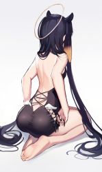 Rule 34 | 1girl, ass, back, back focus, backless dress, backless outfit, bare arms, bare shoulders, barefoot, black dress, black hair, dress, feet, from behind, full body, halo, highres, hololive, hololive english, koahri, long hair, ninomae ina&#039;nis, ninomae ina&#039;nis (1st costume), pointy ears, simple background, sleeveless, sleeveless dress, soles, string, toes, virtual youtuber, white background