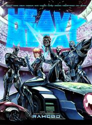 Rule 34 | 2girls, 3boys, android, armor, assault visor, cable, car, colosseum, copyright name, cover, cover page, crossed arms, fireworks, heavy metal (magazine), hector trunnec, highres, holding head, looking at viewer, m/, magazine cover, motor vehicle, multiple boys, multiple girls, official art, open hand, orange hair, power armor, ramgod, red eyes, red lips, science fiction, severed head, short hair, sitting