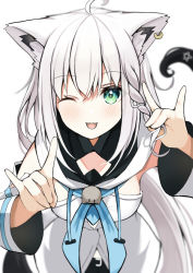 Rule 34 | 1girl, ahoge, animal ear fluff, animal ears, bad id, bad pixiv id, black shorts, blue neckerchief, blush, braid, breasts, commentary request, detached sleeves, double fox shadow puppet, earrings, fox ears, fox girl, fox shadow puppet, fox tail, green eyes, hair between eyes, hololive, hood, hoodie, jewelry, kosh, long hair, looking at viewer, neckerchief, one eye closed, open mouth, pentagram, shirakami fubuki, shirakami fubuki (1st costume), short shorts, shorts, sidelocks, simple background, single braid, small breasts, smile, solo, tail, virtual youtuber, white background, white hair, white hoodie
