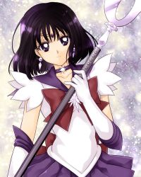 Rule 34 | 1girl, absurdres, arm at side, bishoujo senshi sailor moon, black hair, bow, brooch, choker, closed mouth, collarbone, cowboy shot, earrings, elbow gloves, expressionless, female focus, gloves, hand up, highres, holding, holding polearm, holding spear, holding weapon, jewelry, leaning, leaning to the side, light particles, looking at viewer, magical girl, neck, necklace, outer senshi, pleated skirt, polearm, purple choker, purple eyes, purple sailor collar, purple skirt, red bow, sailor collar, sailor saturn, short hair, silence glaive, skirt, solo, spear, star (symbol), star brooch, star necklace, terujirou (masateruteru), tiara, tomoe hotaru, weapon, white gloves