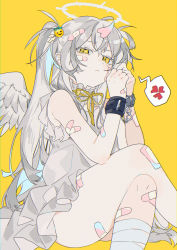 Rule 34 | 1girl, bandaged leg, bandages, bandaid, bandaid on arm, bandaid on face, bandaid on leg, character request, cuffs, from below, grey hair, halo, handcuffs, highres, omutatsu, sitting, solo, tears, white background, wings, yellow eyes