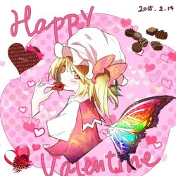 Rule 34 | 1girl, alternate wings, blonde hair, blush, bow, butterfly wings, chocolate, cropped torso, dated, eating, english text, flandre scarlet, food, hat, heart, holding, holding chocolate, holding food, insect wings, medium hair, mob cap, pink bow, polka dot, rainbow, red eyes, shirt, solo, touhou, upper body, valentine, white hat, wings, yuyuhashi