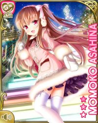 Rule 34 | 1girl, asahina momoko, bow, brown hair, card (medium), character name, coat, dress, girlfriend (kari), hair bow, hair ribbon, looking back, mittens, neon lights, night, official art, one side up, open mouth, outdoors, pink dress, qp:flapper, red eyes, ribbon, running, side ponytail, skirt, smile, snow, snowing, solo, white bow, winter clothes, winter coat