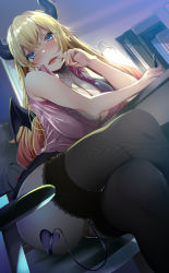 Rule 34 | 1girl, bad id, bad twitter id, bat wings, binder, black thighhighs, blonde hair, blue eyes, blush, breasts, chair, cleavage, collared shirt, crossed legs, demon girl, demon horns, demon tail, demon wings, desk, finger to mouth, frilled shirt, frills, fumihiko (fu mihi ko), hair between eyes, highres, holding, holding pen, hololive, horns, lace, lace-trimmed legwear, lace trim, lamp, large breasts, lipstick, makeup, multicolored hair, nail polish, office, office chair, open mouth, orange hair, pen, pink nails, pink shirt, shirt, sitting, skirt, solo, streaked hair, swivel chair, tail, thighhighs, tongue, two-tone hair, virtual youtuber, wings, yuzuki choco, yuzuki choco (1st costume)