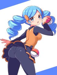 Rule 34 | 1girl, ace trainer (pokemon), ass, blue eyes, blue hair, breasts, cougar (cougar1404), creatures (company), drill hair, from behind, game freak, holding, holding poke ball, leaning, leaning forward, long hair, looking at viewer, looking back, nintendo, open mouth, panties, panties under pantyhose, pantyhose, poke ball, pokemon, pokemon bw, shiny clothes, sideboob, skirt, solo, twin drills, underwear, wedgie
