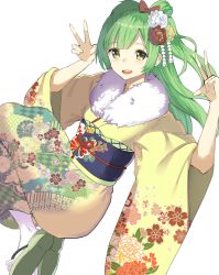 Rule 34 | 10s, 1girl, alternate eye color, alternate hair color, aquna, blush, bow, commentary request, double v, flat chest, floral print, flower, fur-trimmed kimono, fur trim, green eyes, green footwear, green hair, hair bow, hair flower, hair ornament, japanese clothes, kimono, knees up, legs together, long hair, long sleeves, looking at viewer, love live!, love live! school idol project, minami kotori, nengajou, new year, obi, one side up, open mouth, red bow, sandals, sash, sidelocks, simple background, smile, socks, soles, solo, tabi, v, white background, white socks, wide sleeves, yellow kimono