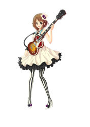 Rule 34 | 00s, 1girl, bad id, bad pixiv id, brown eyes, brown hair, don&#039;t say &quot;lazy&quot;, electric guitar, female focus, full body, gibson les paul, guitar, highres, hirasawa yui, instrument, k-on!, klamp, legs, pantyhose, short hair, simple background, solo, striped clothes, striped pantyhose, vertical-striped clothes, vertical-striped pantyhose, white background