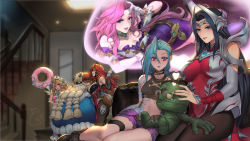 Rule 34 | 2boys, 5girls, :o, absurdres, amumu, arcane jinx, arm tattoo, armor, asymmetrical bangs, bard (league of legends), bare shoulders, belt, bespectacled, black bodysuit, black hair, blonde hair, blurry, blurry background, bodysuit, braid, breasts, brown belt, brown choker, brown hair, brown legwear, cafe cuties soraka, choker, cleavage, cloud tattoo, commentary request, couch, doughnut, dress, food, foot up, frills, glasses, gloves, gun goddess miss fortune, hair ornament, hand on another&#039;s hip, hand up, happy, highres, holding, horns, indoors, irelia, jinx (league of legends), large breasts, league of legends, long hair, lying, medium breasts, miss fortune (league of legends), multiple boys, multiple girls, mummy, official alternate costume, on side, open mouth, oversized food, oversized object, pantyhose, parted lips, pd (pdpdlv1), pink dress, pink eyes, pink hair, pink shorts, purple dress, red hair, seraphine (league of legends), shoes, short dress, short hair, shorts, shoulder tattoo, single horn, sitting, small breasts, smile, snow day bard, soraka (league of legends), stairs, star (symbol), stomach tattoo, tattoo, tearing up, teeth, thought bubble, twin braids, white gloves, winter clothes, yordle
