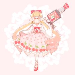 Rule 34 | 1girl, amamiya yuumu, bad id, bad pixiv id, belt, blunt bangs, bow, bowtie, cherry print, dress, drill hair, earrings, food print, full body, h-3 nozzlenose (splatoon), holding, holding weapon, inkling, inkling girl, inkling player character, jewelry, lolita fashion, long hair, long sleeves, looking at viewer, matching hair/eyes, nintendo, orange eyes, orange hair, parted lips, pointy ears, print dress, shoes, simple background, skirt hold, solo, splatoon (series), splatoon 1, standing, sweet lolita, tentacle hair, twin drills, twintails, twitter username, weapon, white background, wide sleeves