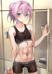 Rule 34 | 1girl, abs, bike shorts, black bra, black shorts, blue eyes, bra, brand name imitation, breasts, clothes writing, collarbone, commentary request, cowboy shot, gluteal fold, highres, kabayaki namazu, kantai collection, locker, looking at viewer, navel, pink hair, ponytail, shiranui (kancolle), short hair, shorts, small breasts, solo, sports bra, standing, underwear