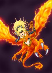 Rule 34 | 1girl, bare shoulders, black gloves, blonde hair, breasts, centauroid, claws, cleavage, dragon, dragon devil queen dragoon, dragon girl, duel monster, elbow gloves, female focus, fire, flying, foreshortening, full body, gloves, harp, highres, holding, horns, instrument, long hair, long image, looking at viewer, midriff, navel, open mouth, ponytail, purple background, queen dragoon, queen dragun djinn, red background, red eyes, serious, simple background, small breasts, solo, tail, tall image, taur, usoutsuki, wings, yu-gi-oh!, yu-gi-oh! duel monsters