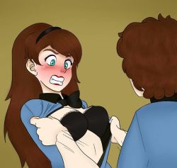 Rule 34 | 1boy, 1girl, aqua eyes, black bra, blush, bow, bowtie, bra, breasts, brooch, brother and sister, brown hair, clothes pull, dark persona, dipper gleeful, formal, gravity falls, hairband, incest, jewelry, lipstick, long hair, mabel gleeful, makeup, shirt pull, short hair, siblings, twins, underwear