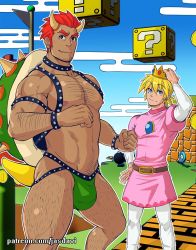 Rule 34 | 2boys, abs, alternate costume, alternate eye color, arm up, ass, bara, black male underwear, blue eyes, bowser, bowser (cosplay), bulge, chest hair, chest harness, contrapposto, cosplay, couple, crown, dark-skinned male, dark skin, facial hair, fang, fang out, fangs, feet out of frame, hand on own head, harness, jasdavi, jockstrap, large pectorals, luca (jasdavi), male focus, male underwear, mario (series), multiple boys, muscular, navel, navel hair, nintendo, nipples, noah (jasdavi), orange hair, original, patreon username, pectorals, princess peach, princess peach (cosplay), revealing clothes, short hair, sideburns, size difference, stubble, super mario bros. 1, tail, thick thighs, thighs, underwear