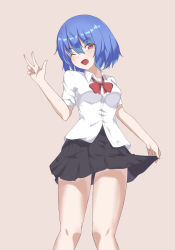 Rule 34 | 1girl, alternate costume, black skirt, blue hair, bow, bowtie, clothes lift, collarbone, hair between eyes, highres, lifted by self, one eye closed, open mouth, pleated skirt, red bow, red eyes, shirt, short hair, short sleeves, simple background, skirt, skirt lift, solo, tatara kogasa, touhou, vel0x s, w, white shirt