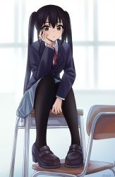 Rule 34 | 1girl, black hair, black pantyhose, blazer, blue jacket, brown eyes, brown footwear, chair, closed mouth, collared shirt, commentary request, desk, elisabetlis, full body, grey skirt, hand on own cheek, hand on own face, highres, indoors, jacket, k-on!, long hair, long sleeves, looking at viewer, nakano azusa, neck ribbon, on desk, pantyhose, pleated skirt, red ribbon, ribbon, sakuragaoka high school uniform, school chair, school desk, school uniform, shirt, sitting, skirt, solo, twintails, white shirt
