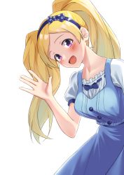Rule 34 | 1girl, absurdres, blonde hair, blue dress, breasts, dress, emily stewart, hairband, highres, idolmaster, idolmaster million live!, kuro kinkan, long hair, medium breasts, open mouth, outstretched hand, purple eyes, simple background, smile, solo, twintails, waving, white background