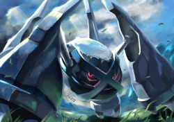 Rule 34 | cloud, commentary request, creatures (company), day, from below, game freak, gen 3 pokemon, glowing, glowing eyes, grass, highres, falling leaves, light rays, looking at viewer, metagross, nintendo, no humans, outdoors, penta oekaki, pink eyes, pokemon, pokemon (creature), signature, sky, solo