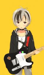 Rule 34 | 1boy, animal print, black hair, brown eyes, choker, earrings, electric guitar, grey hair, guitar, highres, holding, holding weapon, instrument, jacket, jewelry, looking at viewer, male focus, miyoshi 23, multicolored hair, necklace, nijisanji, short hair, simple background, solo, suzuki masaru, fender telecaster, weapon, yellow background, zebra print