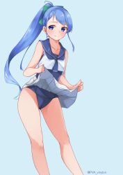 Rule 34 | 1girl, absurdres, alternate costume, blue background, blue eyes, blue hair, blue neckerchief, blue sailor collar, clothes lift, commentary request, contrapposto, feet out of frame, highres, kantai collection, lifting own clothes, long hair, looking at viewer, neckerchief, pleated skirt, sailor collar, samidare (kancolle), school swimsuit, school uniform, serafuku, shirt, simple background, skirt, skirt lift, sleeveless, sleeveless shirt, solo, standing, swept bangs, swimsuit, swimsuit under clothes, twitter username, uut, very long hair, white shirt, white skirt