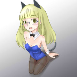Rule 34 | 1girl, animal ears, blonde hair, bow, bowtie, cat ears, cat tail, detached collar, from above, glasses, highres, kittysuit, kneeling, leotard, long hair, nontraditional playboy bunny, open mouth, pantyhose, perrine h. clostermann, rasoto, seiza, sitting, solo, strike witches, tail, thighband pantyhose, world witches series, wrist cuffs, yellow eyes