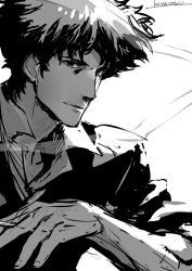 Rule 34 | 1boy, cigarette, closed mouth, collared shirt, cowboy bebop, greyscale, highres, holding, holding cigarette, kotatsu (g-rough), looking at viewer, male focus, monochrome, popped collar, shirt, signature, sketch, smile, solo, spike spiegel, sweater, upper body, wing collar