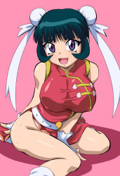Rule 34 | 00s, 1girl, :3, :d, aqua hair, arm behind back, arm support, bare shoulders, belt, between legs, beyblade, blunt bangs, breasts, bun cover, china dress, chinese clothes, covered erect nipples, double bun, dress, fingerless gloves, frills, gloves, hair bun, hand between legs, heart, highres, huge breasts, kneehighs, large breasts, leaning forward, legs, loose socks, magatama, makino tomoyasu, mei mei (beyblade), metal fight beyblade, no panties, open mouth, pink background, purple eyes, red skirt, ribbon, shadow, shoes, short hair, side slit, sidelocks, simple background, sitting, skirt, sleeveless, sleeveless dress, smile, socks, solo, studded belt, sweat, taut clothes, taut dress, turtleneck, wariza, white gloves
