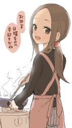Rule 34 | 1girl, :d, absurdres, apron, black shirt, blush, brown apron, brown eyes, brown hair, chopsticks, commentary request, cooking, forehead, from behind, frying pan, grey pants, highres, holding, holding chopsticks, karakai jouzu no takagi-san, long hair, looking at viewer, looking back, low twintails, official art, open mouth, pants, parted bangs, ponytail, shirt, sidelocks, simple background, smile, solo, standing, steam, takagi-san, translated, twintails, white background, yamamoto souichirou