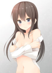 Rule 34 | 1girl, :c, aibumi, bare shoulders, black hair, blush, breasts, cleavage, covering privates, covering breasts, crossed arms, grey eyes, highres, long hair, looking at viewer, naked shirt, navel, off shoulder, open clothes, open shirt, original, out-of-frame censoring, pen-zin, shirt, small breasts, solo, very long hair