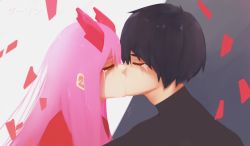 Rule 34 | 10s, 1boy, 1girl, bad id, bad pixiv id, black hair, black shirt, closed eyes, couple, crying, darling in the franxx, face-to-face, hddraw, hetero, highres, hiro (darling in the franxx), horns, kiss, pink hair, shirt, zero two (darling in the franxx)