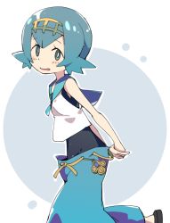 Rule 34 | 1girl, arms behind back, bare shoulders, black footwear, blue background, blue eyes, blue hair, blue one-piece swimsuit, blue pants, blue sailor collar, blush, covered navel, creatures (company), female focus, flat chest, from side, game freak, hairband, happy, ixy, lana (pokemon), leg up, looking at viewer, nintendo, one-piece swimsuit, open mouth, outline, own hands together, pants, pokemon, pokemon sm, sailor collar, sandals, shirt, short hair, simple background, sleeveless, sleeveless shirt, smile, solo, standing, standing on one leg, swimsuit, swimsuit under clothes, two-tone background, white outline, white shirt, yellow hairband