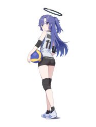 Rule 34 | 1girl, alternate costume, ball, bare shoulders, black shorts, black socks, blue archive, chestnut mouth, from behind, full body, halo, highres, holding, holding ball, long hair, looking at viewer, looking back, parted lips, purple eyes, purple hair, shirt, shoes, shorts, simple background, sleeveless, sleeveless shirt, socks, sportswear, standing, tem (tempainting1), volleyball, volleyball (object), volleyball uniform, white background, white footwear, yuuka (blue archive)