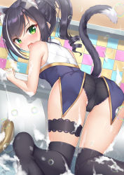Rule 34 | 1girl, animal ear fluff, animal ears, ass, bare shoulders, bathroom, bathtub, black hair, black panties, black thighhighs, blush, breasts, bridal garter, cameltoe, cat ears, cat girl, cat tail, commentary request, green eyes, hair between eyes, indoors, karyl (princess connect!), kneeling, long hair, looking at viewer, looking back, medium breasts, multicolored hair, no pants, no shoes, open mouth, panties, ponytail, princess connect!, rong yi tan, sleeveless, small breasts, soap bubbles, solo, streaked hair, tail, thighhighs, underwear, white hair