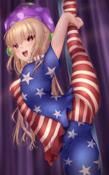 Rule 34 | 1girl, american flag legwear, american flag print, american flag shirt, arms up, asymmetrical legwear, blonde hair, blue pants, blue shirt, breasts, clownpiece, eyes visible through hair, hair between eyes, hands up, hat, highres, jester cap, leg up, long hair, looking at viewer, medium breasts, mismatched legwear, multicolored clothes, multicolored pants, multicolored shirt, no shoes, open mouth, pants, pantyhose, pink hat, polka dot, print shirt, red eyes, red pants, red shirt, shirt, short sleeves, shounen (hogehoge), smile, solo, standing, standing on one leg, star (symbol), star print, striped clothes, striped pants, striped pantyhose, striped shirt, teeth, tongue, touhou, white pants, white shirt