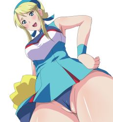 Rule 34 | 1girl, blonde hair, blue eyes, cameltoe, cheerleader, from below, frontal wedgie, heroman, pussy, lina davis, open mouth, perspective, pom pom (cheerleading), pussy, solo, toku (tokuhp), twintails, uncensored, upskirt, wedgie