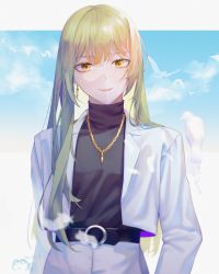 Rule 34 | 1boy, absurdres, androgynous, belt, black belt, black sweater, blonde hair, closed mouth, earrings, enkidu (fate), fate/strange fake, fate (series), highres, jacket, jewelry, long hair, long sleeves, looking at viewer, necklace, open clothes, open jacket, ria40822013, smile, standing, straight hair, sweater, turtleneck, turtleneck sweater, upper body, very long hair, white jacket, yellow eyes