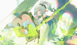Rule 34 | 1girl, arch, cape, cross-shaped pupils, detached sleeves, dress, from below, full body, genshin impact, gold trim, gradient hair, green cape, green eyes, green hair, green sleeves, highres, leaf, looking at viewer, medium hair, multicolored hair, nahida (genshin impact), parted lips, pointy ears, px2011, side ponytail, sitting, sleeveless, sleeveless dress, soles, solo, stirrup footwear, sunlight, swing, symbol-shaped pupils, toeless footwear, toes, white dress, white footwear, white hair