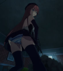 Rule 34 | 10s, 1girl, asami lilith, ass, back, bedroom, beret, black thighhighs, blue eyes, elbow gloves, gloves, hat, highres, indoors, long hair, looking at viewer, looking down, necktie, night, open mouth, panties, red hair, screencap, skirt, solo, striped clothes, striped panties, thighhighs, thighs, trinity seven, underwear, weapon, window