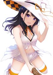 Rule 34 | 1girl, absurdres, black hair, broom, broom riding, hat, highres, idolmaster, idolmaster shiny colors, kazano hiori, long hair, looking at viewer, miyar2d2, mole, mole under mouth, open mouth, purple eyes, simple background, solo, thighhighs, underwear, white background, witch hat