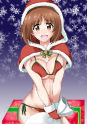 Rule 34 | 1girl, analogstore, bikini, blue background, blush, breasts, breasts squeezed together, brown eyes, brown hair, christmas, girls und panzer, hat, large breasts, looking at viewer, nishizumi miho, official alternate costume, open mouth, red bikini, santa hat, short hair, side-tie bikini bottom, smile, solo, string bikini, swimsuit, v arms