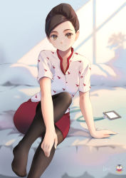 Rule 34 | 1girl, arm up, bad id, bad pixiv id, black pantyhose, breasts, brown eyes, brown hair, cathay dragon, cathay pacific, closed mouth, collarbone, commentary, eyebrows, eyelashes, flight attendant, foot out of frame, highres, indoors, kamui (kamuikaoru), knee up, lanyard, looking at viewer, medium breasts, miniskirt, nose, on bed, pantyhose, pillow, plant, red skirt, shadow, shirt, signature, silhouette, sitting, skirt, smile, solo, thighhighs, travel attendant, uniform, white shirt