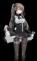 Rule 34 | 1girl, absurdres, bad id, bad pixiv id, black background, black dress, black pantyhose, black ribbon, blue eyes, blush, breasts, bridal garter, brown hair, cell (acorecell), chinese commentary, clothes lift, commentary request, dress, dress lift, frilled straps, frills, hair between eyes, highres, juliet sleeves, lifting own clothes, long hair, long sleeves, maid, medium breasts, mixed-language commentary, panties, panties under pantyhose, pantyhose, puffy sleeves, ribbon, simple background, solo, standing, thigh strap, underwear, very long hair, victorian maid, white frills, white panties