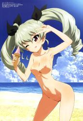 Rule 34 | 10s, 1girl, ;p, anchovy (girls und panzer), anchovy (girls und panzer), arm up, armpits, beach, blush, breasts, cloud, drill hair, female focus, food, girls und panzer, hair ribbon, highres, ice cream, long hair, megami magazine, navel, nipples, nude, nude filter, ocean, one eye closed, outdoors, pussy, red eyes, ribbon, silver hair, sky, small breasts, solo, thighs, third-party edit, tongue, tongue out, twin drills, twintails, uncensored, w, water, wink, yoshida nobuyoshi