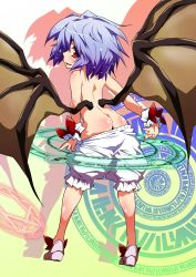 Rule 34 | 1girl, ass, back, bloomers, bloomers pull, blue hair, butt crack, female focus, from behind, hermmy, highres, looking back, magic circle, red eyes, remilia scarlet, short hair, solo, topless, touhou, underwear, underwear only, undressing, white bloomers, wings, wrist cuffs