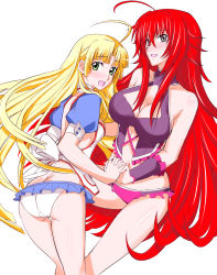 Rule 34 | 10s, 2girls, antenna hair, asia argento, ass, bare shoulders, blonde hair, blush, breasts, cleavage, green eyes, high school dxd, highres, holding hands, large breasts, legs, long hair, looking at viewer, multiple girls, navel, open mouth, panties, red hair, rias gremory, simple background, skirt, standing, thighs, underwear, white background, white panties